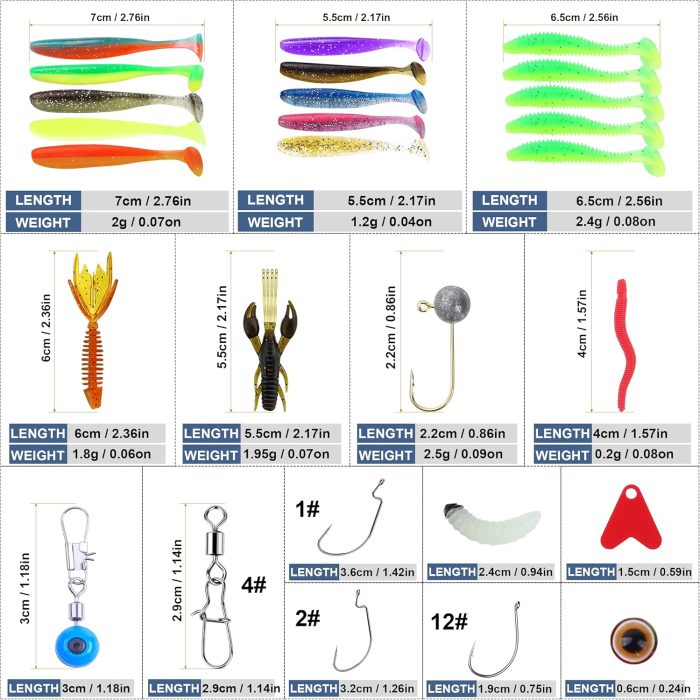 220 Pcs Fishing Lures Equipment Tackle Gear Box for Bass, Fish Kit with Soft Lures,Hooks, Accessories Tools,Frog,Worms,Plastic Bait, Swimbait,Crappie Jigs,Crankbaits, Gifts for Men - Image 8